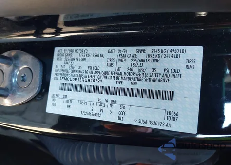 2024 Ford Escape Phev z USA, uszkodzony, nr VIN 1FMCU0E13RUB10724